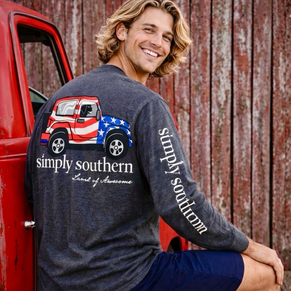 Men's Simply Southern Patriotic "Land of Awesome" Charcoal Long Sleeve T Size L